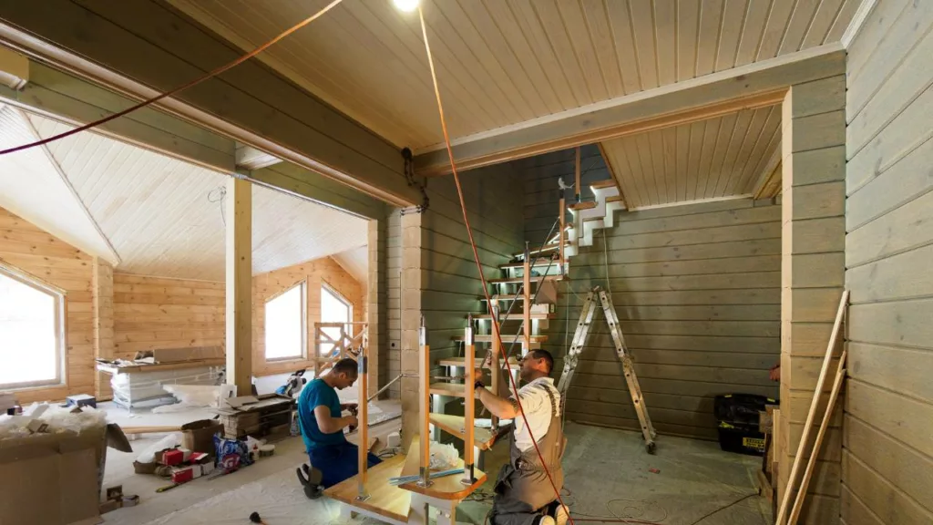 Personal de carpintería construyendo una escalera de madera dentro de una casa.
