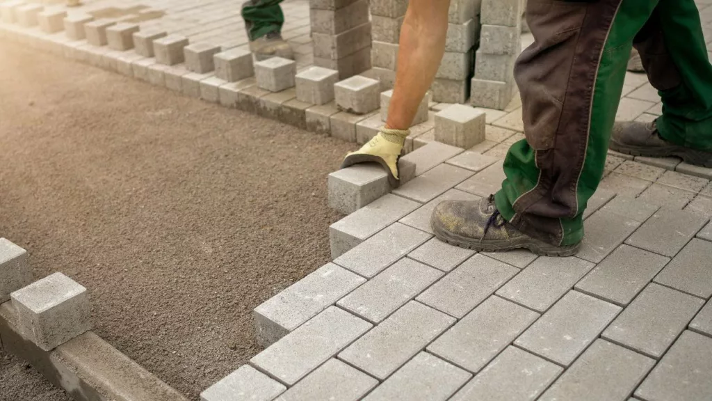 Constructor coloca bloques de cementos en el suelo, para crear una acera sólida por el cuál caminar.