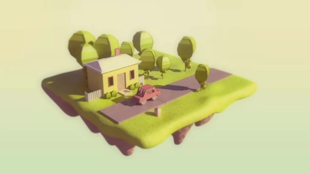 Animación 3D de una casa con árboles, coche y una calle.