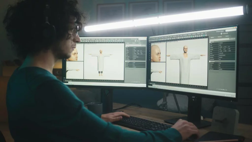 Joven trabajando en su PC sobre diseño 3D para una animación.