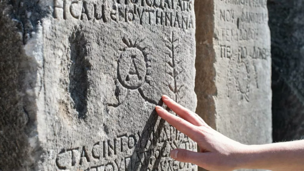 Arqueólogo analizando y tocando con su mano, una escritura en una roca de alguna civilización antigua.