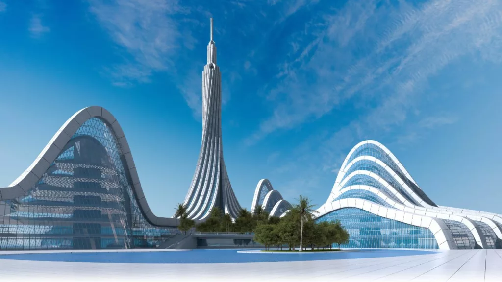 Ciudad moderna con edificios creado por un arquitecto.