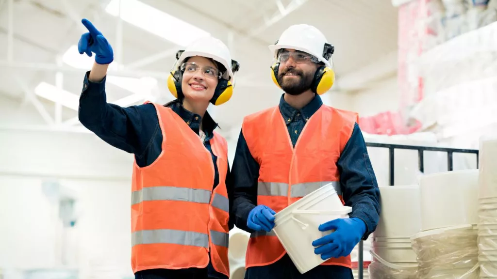 Asistente trabajando junto a su jefa en alguna área industrial.