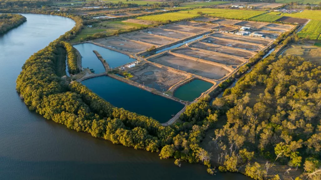 Lagos separado por bloques en la tierra, para criar peces, donde los acuicultores trabajan.