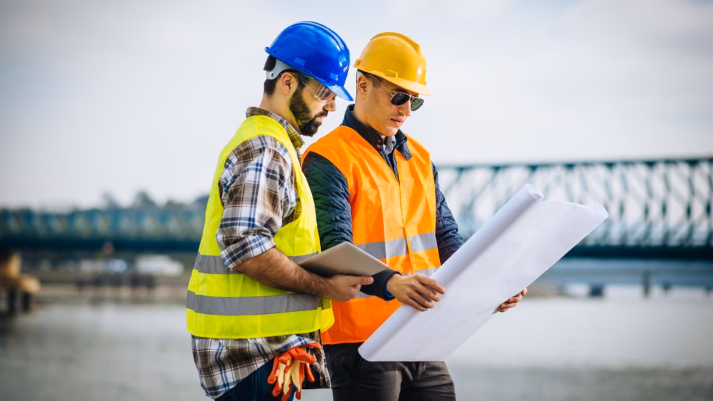 Dos ingenieros civiles con cascos de seguridad y chalecos reflectantes revisando planos de construcción en el lugar de la obra, con un puente de fondo.