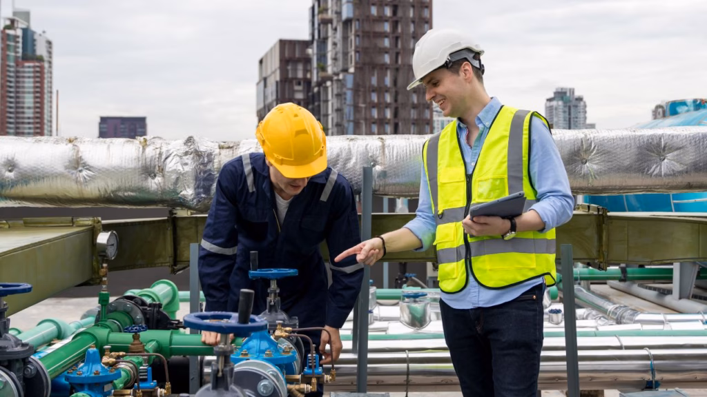 Ingeniero civil y técnico de mantenimiento con cascos de seguridad revisan la infraestructura de tuberías en la azotea de un edificio, discutiendo los sistemas de climatización.