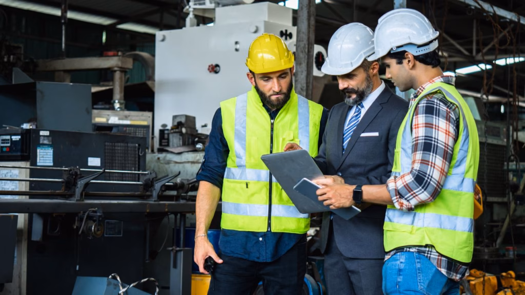 Ingeniero Industrial y su equipo analizando planos en una tableta dentro de una fábrica, revisando la optimización de procesos y maquinaria.